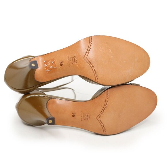 Vintage Fabiosi Olive Green Brown Leather Ankle Strap Peep Toe Pumps Skinny Heel - Picture 8 of 10